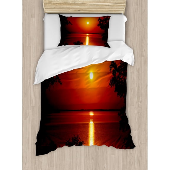 Nature Duvet Cover Set, Sunset Horizon Skyline Reflection on the Sea Rural Fresh Dramatic View, Decorative 2 Piece Bedding Set with 1 Pillow Shams, Twin Size, Red Scarlet Vermilion, by Ambesonne