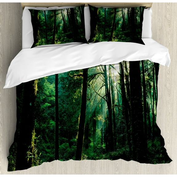 Nature Duvet Cover Set, Sunset in Woods Sun Beaming Through Forest Trees Wilderness Scenery, Decorative 3 Piece Bedding Set with 2 Pillow Shams, King Size, Forest Green Pale Yellow, by Ambesonne