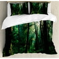 thumbnail image 1 of Nature Duvet Cover Set, Sunset in Woods Sun Beaming Through Forest Trees Wilderness Scenery, Decorative 3 Piece Bedding Set with 2 Pillow Shams, Queen Size, Forest Green Pale Yellow, by Ambesonne, 1 of 3