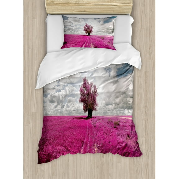 Nature Duvet Cover Set, Surreal Enchanted Oniric Meadow with Single Tree Idyllic Unusual Scene, Decorative 2 Piece Bedding Set with 1 Pillow Shams, Twin Size, Fuchsia Petrol Blue, by Ambesonne