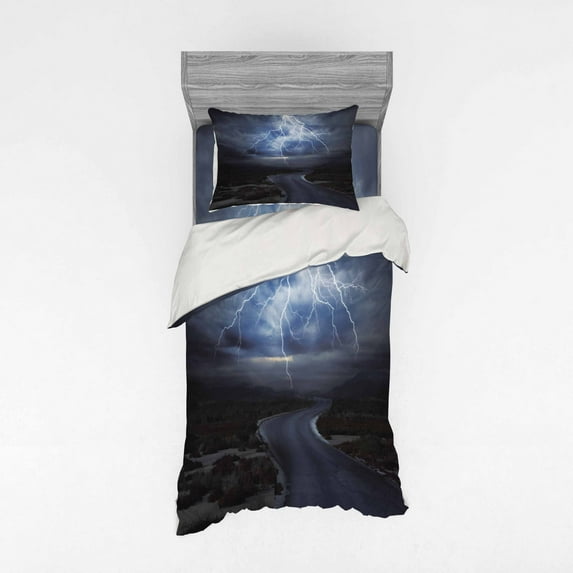 Nature Duvet Cover Set, Thunderstorm over Road Vibrant Strong Beam Before the Sky Blows Weather Image, Bedding Set with Shams and Fitted Sheet, 3 Sizes, by Ambesonne