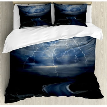 Nature Duvet Cover Set, Thunderstorm over Road Vibrant Strong Beam Before the Sky Blows Weather Image, Decorative 3 Piece Bedding Set with 2 Pillow Shams, Calking Size, Dark Blue Grey, by Ambesonne