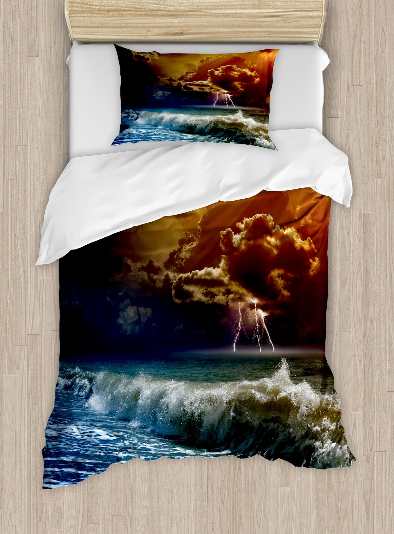 Twin Orange and Blue Ocean Thunderstorm Duvet Cover Set