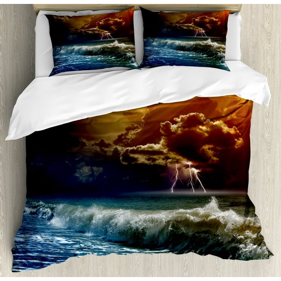 Nature Duvet Cover Set, Thunderstorm Themed Rays over the Ocean Waves Wild Forces in the Air Print, Decorative 3 Piece Bedding Set with 2 Pillow Shams, Calking Size, Orange and Blue, by Ambesonne
