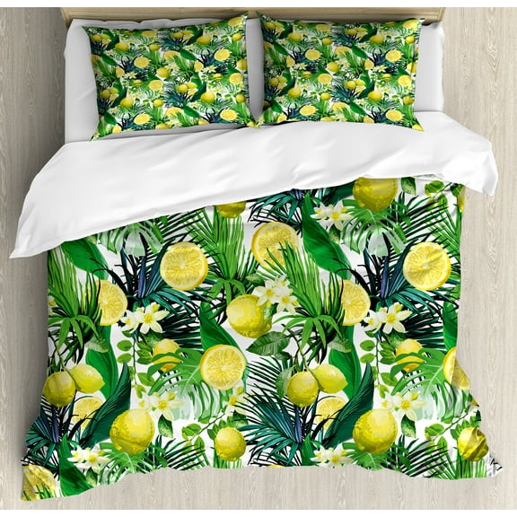 Nature Duvet Cover Set, Tropical Plants with Large Evergreen Leaf Lemon Botany Palm Jungle Graphic, Decorative 3 Piece Bedding Set with 2 Pillow Shams, Queen Size, Yellow Forest Green, by Ambesonne