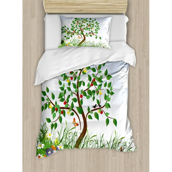 Nature Duvet Cover Set Twin Size, Cartoon Landscape Forest Garden Cherry Tree and Colorful Spring Flowers Butterflies, Decorative 2 Piece Bedding Set with 1 Pillow Sham, Multicolor, by Ambesonne