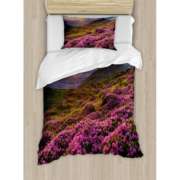 Nature Duvet Cover Set Twin Size, Flower Meadow on Mountain Valley with Horizon Sky Surreal Mother Earth Beauty Image, Decorative 2 Piece Bedding Set with 1 Pillow Sham, Multicolor, by Ambesonne