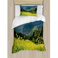 thumbnail image 1 of Nature Duvet Cover Set Twin Size, Flower Meadow over the Village Mountains in a Row Grass Fresh Field Photo Print, Decorative 2 Piece Bedding Set with 1 Pillow Sham, Yellow Green, by Ambesonne, 1 of 3