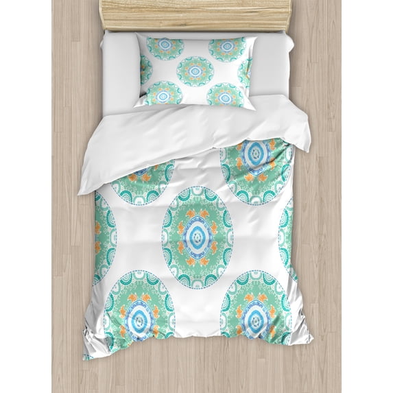 Nature Duvet Cover Set Twin Size, Foxes in the Forest in Round Mandala Style Patterns Kids Playroom Summer Theme, Decorative 2 Piece Bedding Set with 1 Pillow Sham, Green Orange, by Ambesonne
