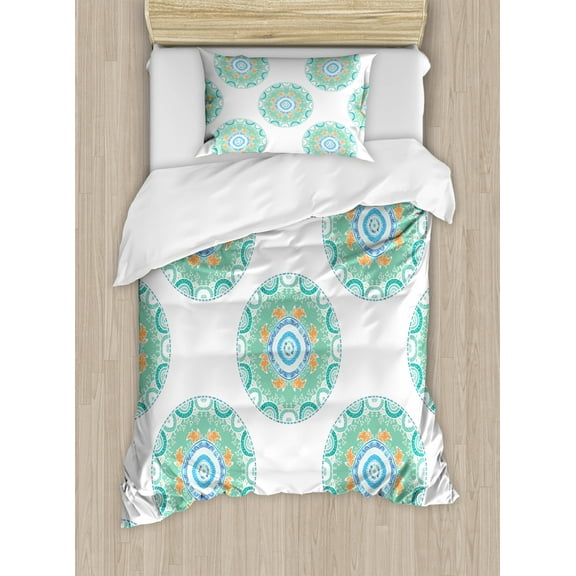 Nature Duvet Cover Set Twin Size, Foxes in the Forest in Round Mandala Style Patterns Kids Playroom Summer Theme, Decorative 2 Piece Bedding Set with 1 Pillow Sham, Green Orange, by Ambesonne