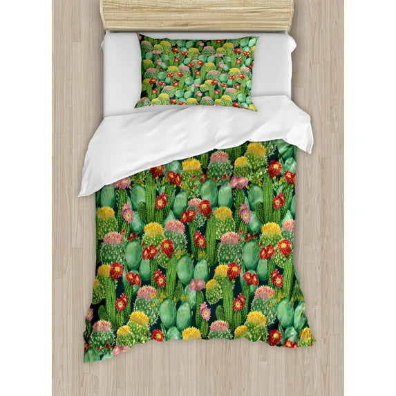 Nature Duvet Cover Set Twin Size, Garden Flowers Cactus Texas Desert Botanical Various Plants with Spikes Pattern, Decorative 2 Piece Bedding Set with 1 Pillow Sham, Multicolor, by Ambesonne
