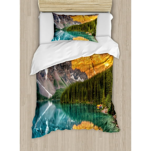 Nature Duvet Cover Set Twin Size, Moraine Lake Canadian Mountain Range with Creek Pine Forest Mother Earth Scenery, Decorative 2 Piece Bedding Set with 1 Pillow Sham, Multicolor, by Ambesonne