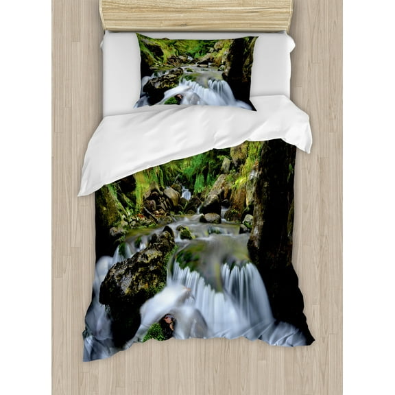 Nature Duvet Cover Set, National Park with Cascade Flowing into the Woods Mother Earth Image, Decorative 2 Piece Bedding Set with 1 Pillow Shams, Twin Size, Fern Green Dark Grey, by Ambesonne