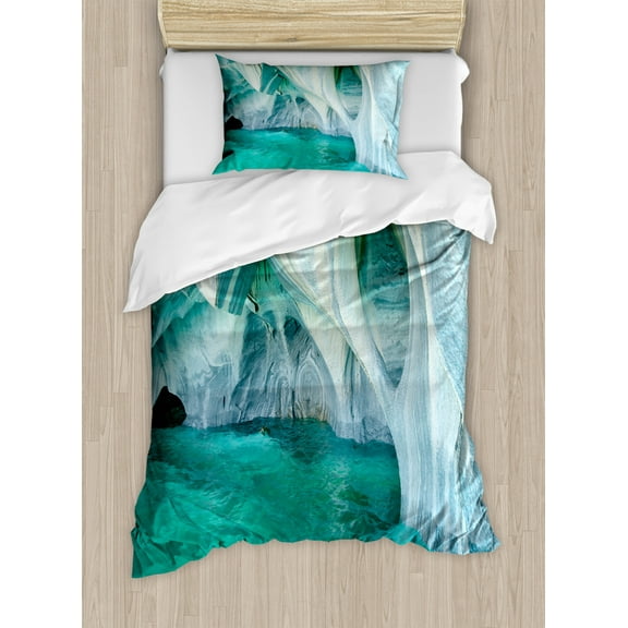 Nature Duvet Cover Set Twin Size, Natural Marble Cave at European Mediterranean Lake Geologic Eroded Artwork Photo, Decorative 2 Piece Bedding Set with 1 Pillow Sham, Turquoise Grey, by Ambesonne
