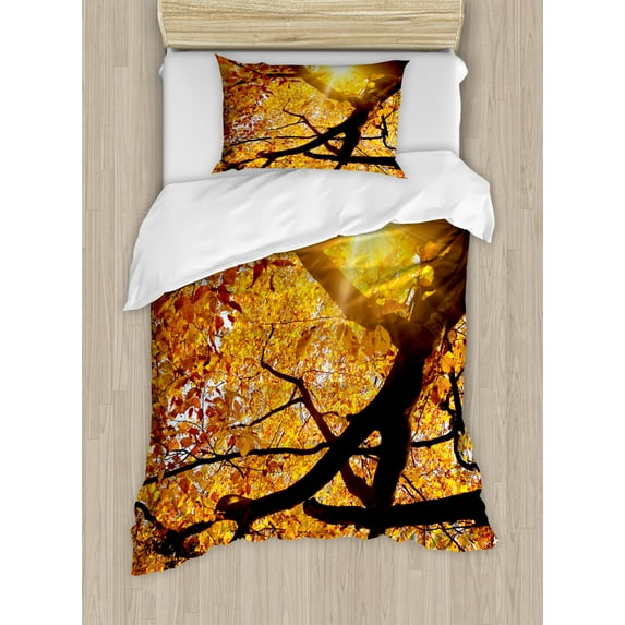 Nature Duvet Cover Set Twin Size, Sun through Leaf Golden Yellow Vivid October Foliage Harvest Serene Paradise Photo Art, Decorative 2 Piece Bedding Set with 1 Pillow Sham, Orange, by Ambesonne