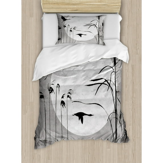 Nature Duvet Cover Set Twin Size, Sunset Horizon Background Flying Heron Birds on the Lake River Bushes Grunge Graphic, Decorative 2 Piece Bedding Set with 1 Pillow Sham, Black Grey, by Ambesonne