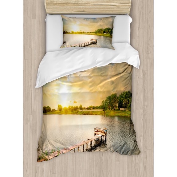 Nature Duvet Cover Set Twin Size, Wooden Deck on the Lake Surrounded by Foliage Greenery Evening Sky Serene Landscape, Decorative 2 Piece Bedding Set with 1 Pillow Sham, Multicolor, by Ambesonne