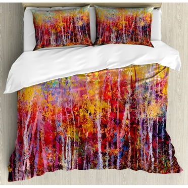 Nature Duvet Cover Set, Vibrant Colored Painting Trees in the Autumn Forest Impressionistic Art, Decorative 3 Piece Bedding Set with 2 Pillow Shams, Calking Size, Orange Yellow, by Ambesonne