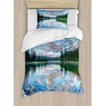 thumbnail image 1 of Nature Duvet Cover Set, View of Golden Yellow Sunrise Skyline at Pyramid Lake Tranquility Canadian Scenery, Decorative 2 Piece Bedding Set with 1 Pillow Shams, Twin Size, Blue Green, by Ambesonne, 1 of 3