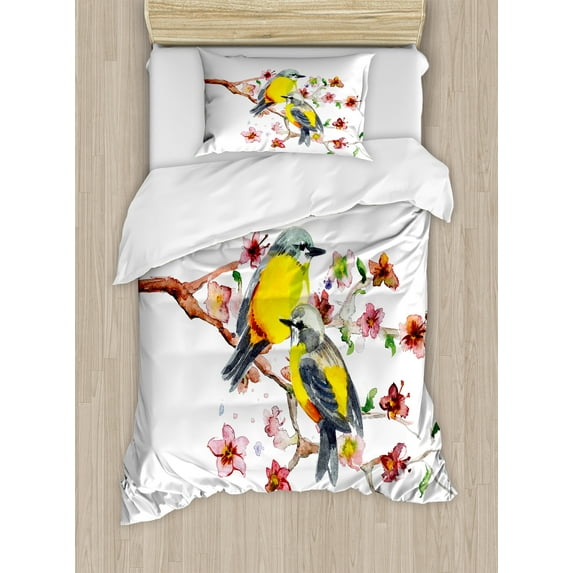 Nature Duvet Cover Set, Watercolor Style Effect Drawing of Birds on the Branches and Flowers Print, Decorative 2 Piece Bedding Set with 1 Pillow Shams, Twin Size, Brown and Yellow, by Ambesonne