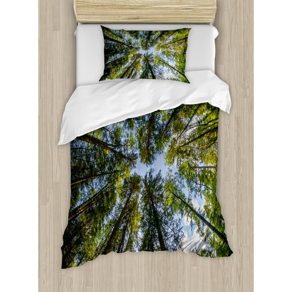 Nature Duvet Cover Set, Wild Jungle Moss Forest Crown Trees Leaves Nature Photo Art, Decorative 2 Piece Bedding Set with 1 Pillow Shams, Twin Size, Forest Green Sky Blue, by Ambesonne