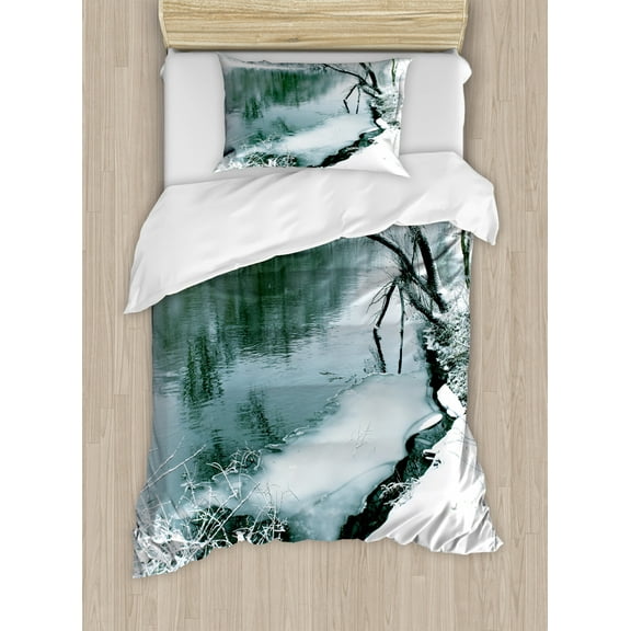 Nature Duvet Cover Set, Winter Forest with Frozen Snowy Foliage Grass Icy Tree Branches Lake Scenery, Decorative 2 Piece Bedding Set with 1 Pillow Shams, Twin Size, Turquoise White, by Ambesonne