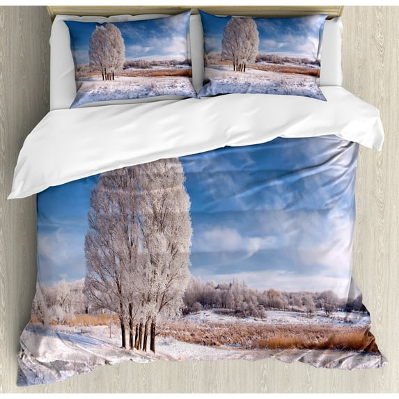 Nature Duvet Cover Set, Winter Landscape with Snowy Foliage and Tree Icy Frozen Lands Panorama, Decorative 3 Piece Bedding Set with 2 Pillow Shams, Queen Size, Turquoise Avocado Green, by Ambesonne