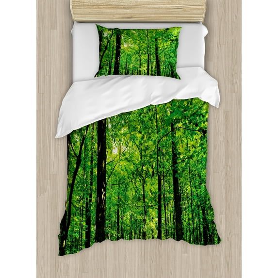Nature Duvet Cover Set, Woodland Tree Forest Jungle in Sunny Day Mother Earth Environment Picture, Decorative 2 Piece Bedding Set with 1 Pillow Shams, Twin Size, Fern Green Seal Brown, by Ambesonne
