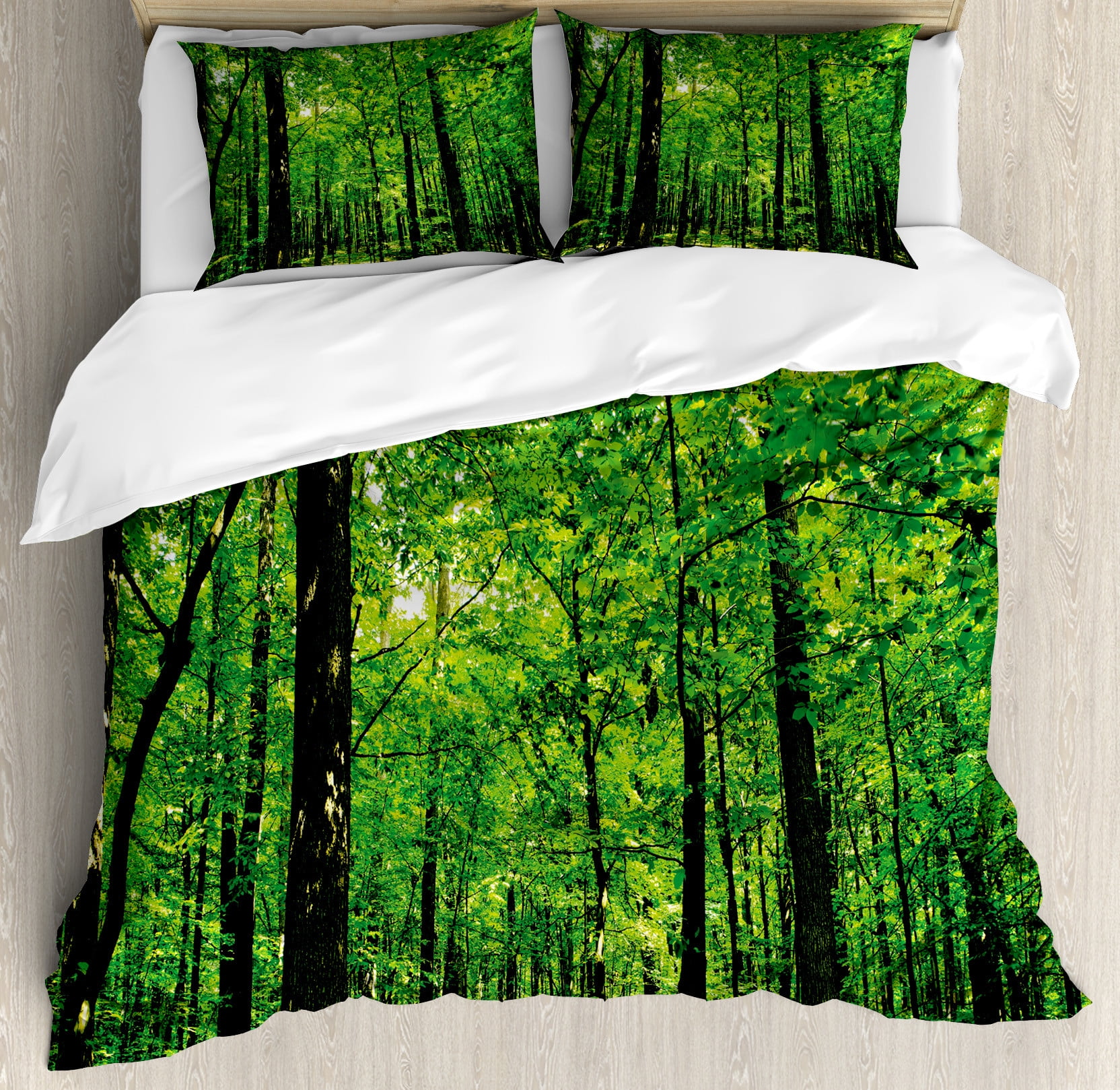Green Forest Nature Print Queen Duvet Cover Set