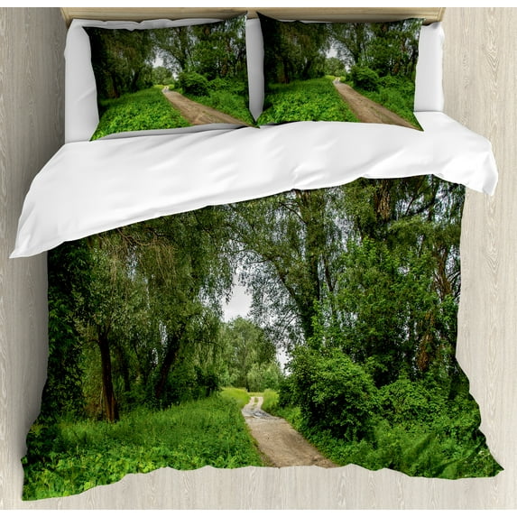 Nature Duvet Cover Sets, Sunny Day in the Forest Foliage Summer Season Meadow Field Serene Landscape, Bedding Set 2 Duvet Covers & 4 Pillowcases, 2 Pack Cal King Size, Umber Fern Green, by Ambesonne
