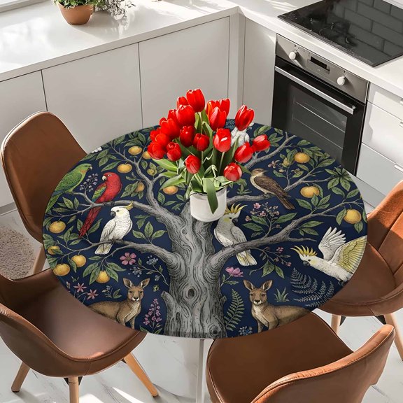 Nature Elastic Fitted Round Tablecloth Botanical Floral Tree Flower Bird Kangaroo Waterproof Outdoor Table Cover for Holiday Party, Picnic, Patio & Dining Fits Tables Up to 45"-54"