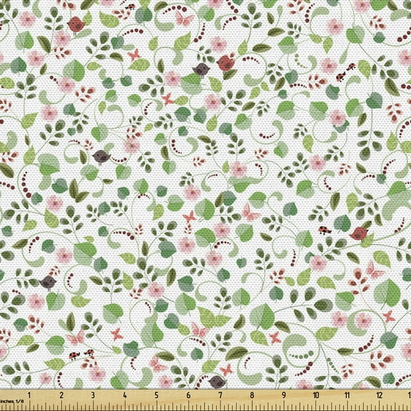 Ambesonne Nature Fabric by the Yard Upholstery, Birds Butterflies and Leaves, 1 Yard, Pink and Green