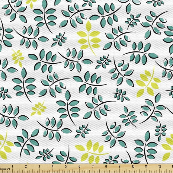 Nature Fabric by the Yard, Botanical Leaves Motif in Spring Summer Tone Foliage Forest Growth, Decorative Upholstery Fabric for Sofas and Home Accents, Turquoise and Yellow Green by Ambesonne