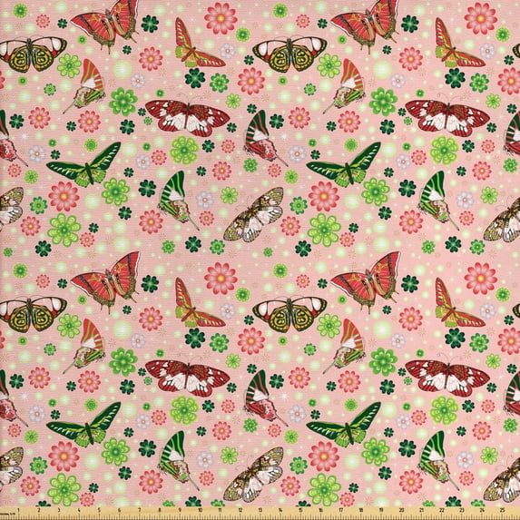 Nature Fabric by the Yard, Butterflies Flowers Shamrocks Vibrant Botanical Inspirational Print, Decorative Upholstery Fabric for Chairs & Home Accents, Lime Green Pale Pink by Ambesonne