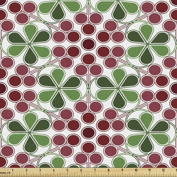 Nature Fabric by the Yard, Minimalist Fruit Pattern in Abstract Style Cranberries with Green Leaves, Upholstery Fabric for Dining Chairs Home Decor Accents, Ruby Dried Rose Green by Ambesonne