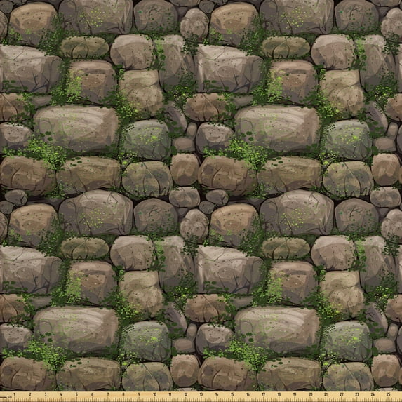 Ambesonne Nature Fabric by the Yard Upholstery, Stones Covered with Moss, 2 Yards, Dark Taupe Fern Green