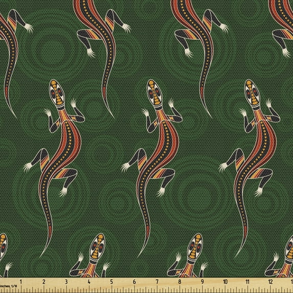 Nature Fabric by the Yard Upholstery, Colorful Lizards Pattern Australian Animals with Circles Shapes, Decorative Fabric for DIY and Home Accents, Emerald Dark Salmon by Ambesonne