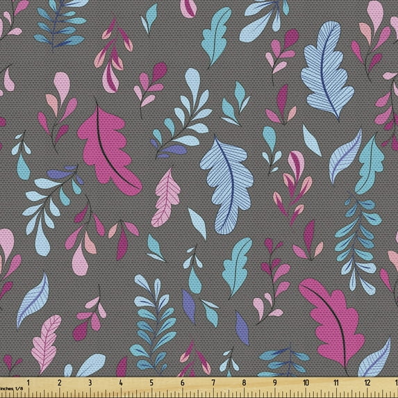 Nature Fabric by the Yard Upholstery, Illustration of Colorful Leaves and Plants Ornamental Garden Composition, Decorative Fabric for DIY and Home Accents, Blue Pink and Grey by Ambesonne