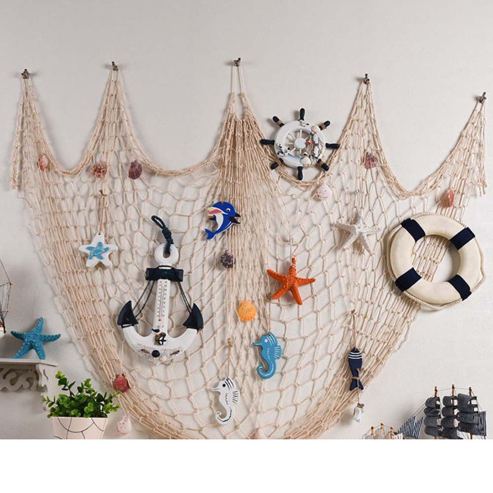Nature Fish Net Wall Decoration with Shells, Ocean Themed Wall Hangings  Fishing Net Party Decor for Pirate Party,Wedding,Photographing Decoration