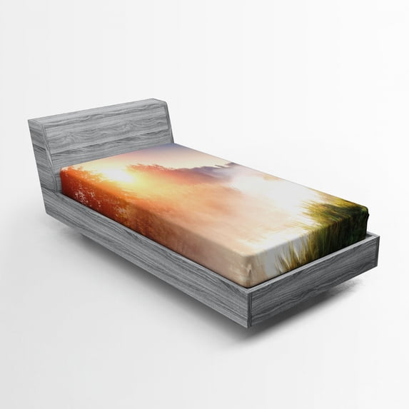 Ambesonne Nature Fitted Sheet, Sunbeams Foggy Mountain, Twin XL Size, Multicolor
