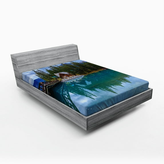 Ambesonne Wooden Fitted Sheet, Lake Scenery Cottage, Queen Size, Petrol Blue Olive Green