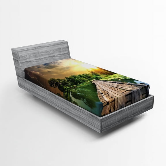 Nature Fitted Sheet Greenery Forest Thunderbolt in the Overcast Sky on a Wooden Bridge at Sunset Print, Soft Decorative Fabric Bedding, Green Umber, by Ambesonne