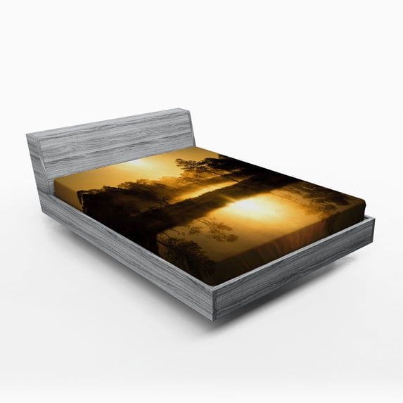 Nature Fitted Sheet, Idyllic Sunrise in the Bog with Tree Reflections on Lake Misty Morning Scenery, Soft Decorative Fabric Bedding, Full Size, Sepia, by Ambesonne