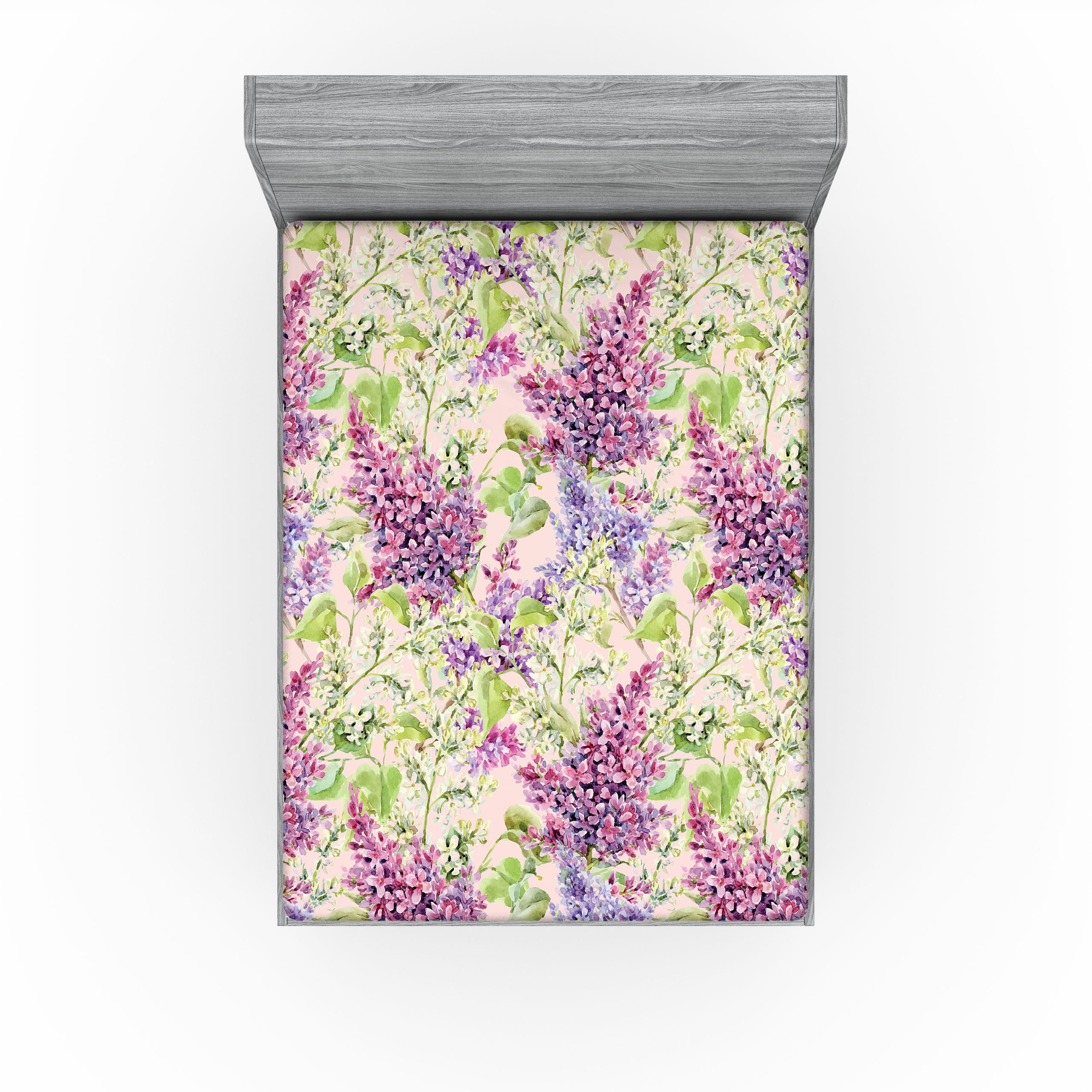 Nature Fitted Sheet, Lilac Flowers Leaves Watercolor Floral Art on