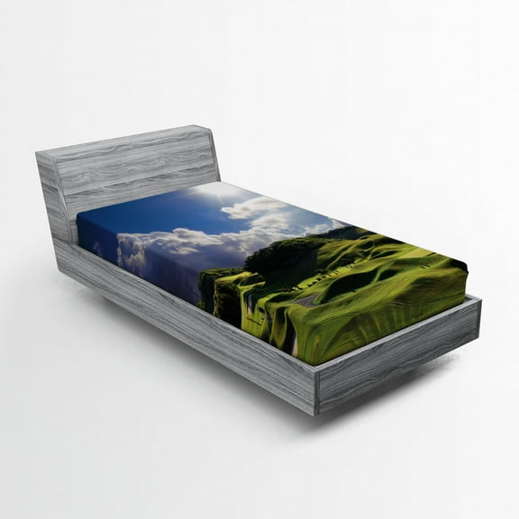 Ambesonne Nature Fitted Sheet, Summer Pasture Grassy Hills, Twin Size, Green Blue