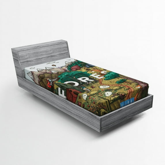 Nature Fitted Sheet, Mountain Range Valley with Forest Typography and Trees Mother Earth Cartoon Graphic, Soft Decorative Fabric Bedding, Twin XL Size, Multicolor, by Ambesonne