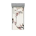 thumbnail image 1 of Nature Fitted Sheet & Pillow Sham Set, Birds on Cherry Summer Classic Oriental Illustration Pastel Colored Design, Decorative Printed 4 Piece Bedding Decor Set, Twinxl, Pale Caramel Ruby, by Ambesonne, 1 of 3