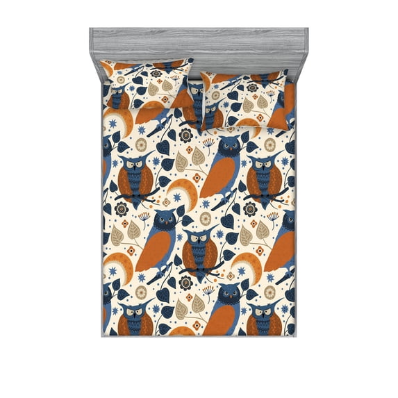 Nature Fitted Sheet & Pillow Sham Set, Bohemian Style Owls Crescent Moon Motifs Flowers and Leaves Print, Decorative Printed 3 Piece Bedding Decor, King, Cinnamon Sea Blue and Ivory, by Ambesonne