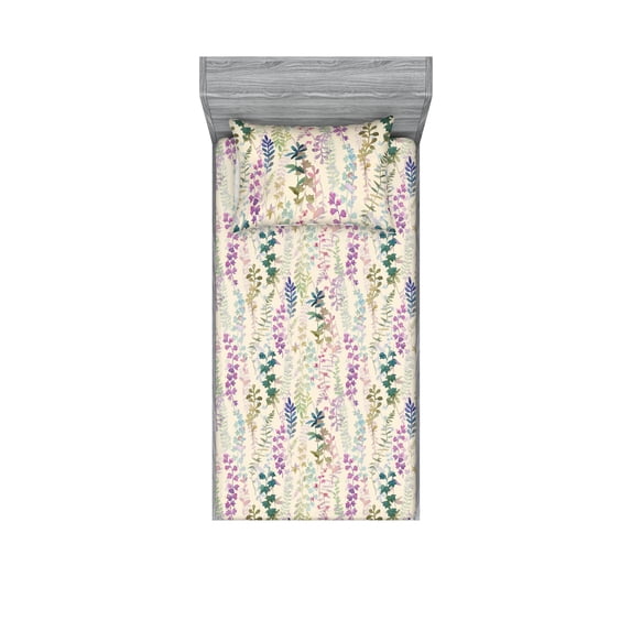 Nature Fitted Sheet & Pillow Sham Set, Botanical Theme Hand-Drawn Repetitive Leaves Watercolor Illustration, Decorative Printed 2 Piece Bedding Decor, Twinxl, Pale Purple and Grey Teal, by Ambesonne