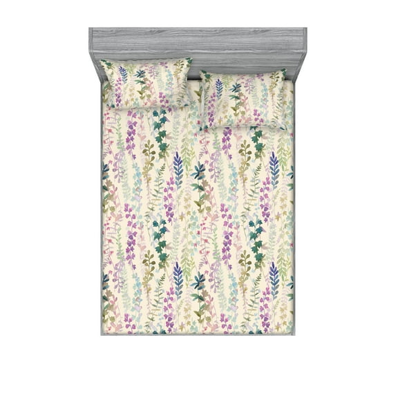 Nature Fitted Sheet & Pillow Sham Set, Botanical Theme Hand-Drawn Repetitive Leaves Watercolor Illustration, Decorative Printed 3 Piece Bedding Decor, Full, Pale Purple and Grey Teal, by Ambesonne